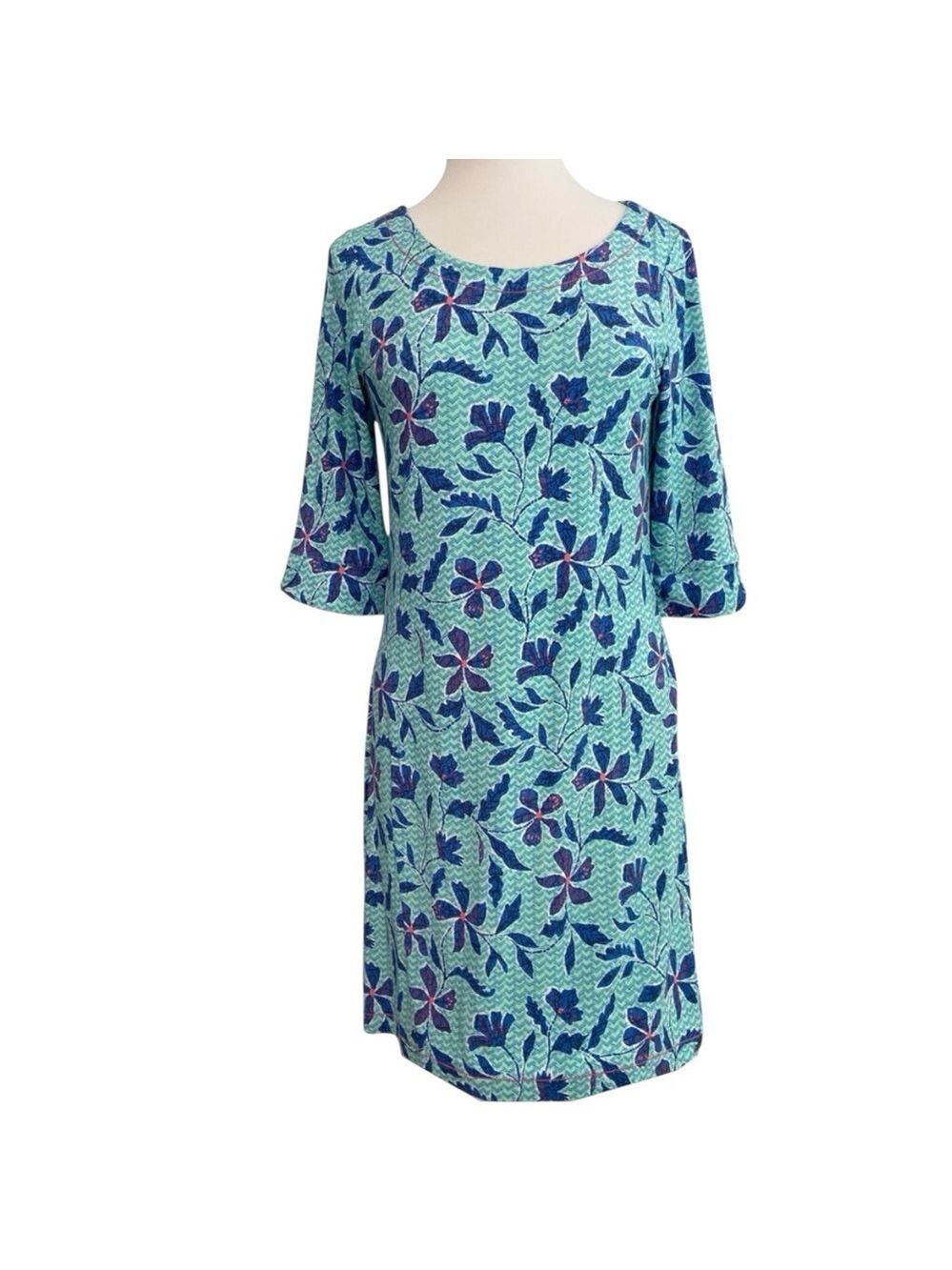 Hatley NWT Lucy dress Batik flowers turquoise blue V neckline 3/4 sleeves medium